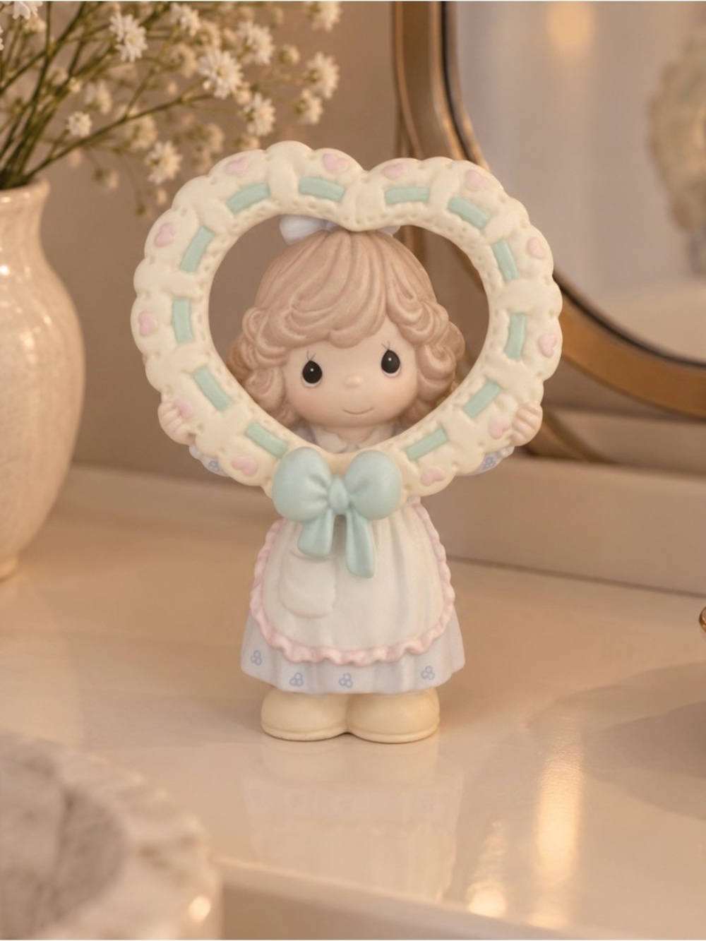 Enesco Precious Moments Heart Figurine in Cream, Light Blue & Pink